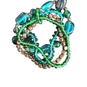 Beaded Stretch Bracelet Set Green Gold Boho‎ Summer Statement